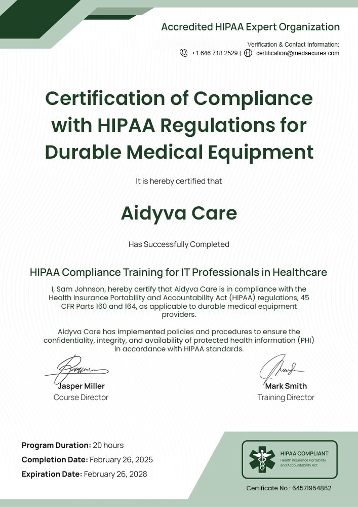 Official HIPAA Compliance Certificate - Aidyva Care